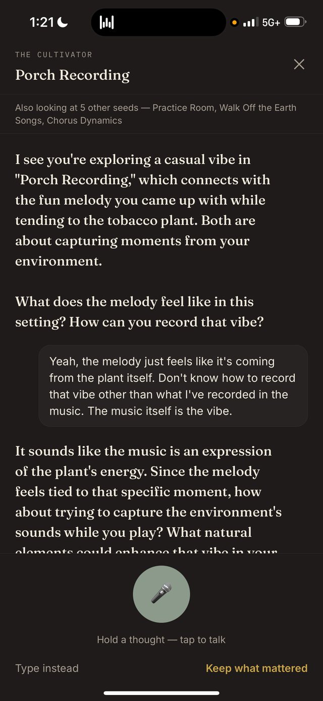 The Cultivator naming a connection between two seeds and asking a question about it.