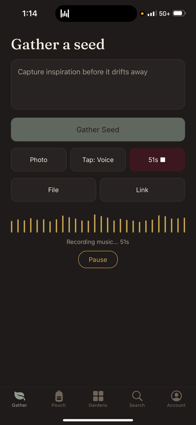 The Gather screen, part way through a voice recording.