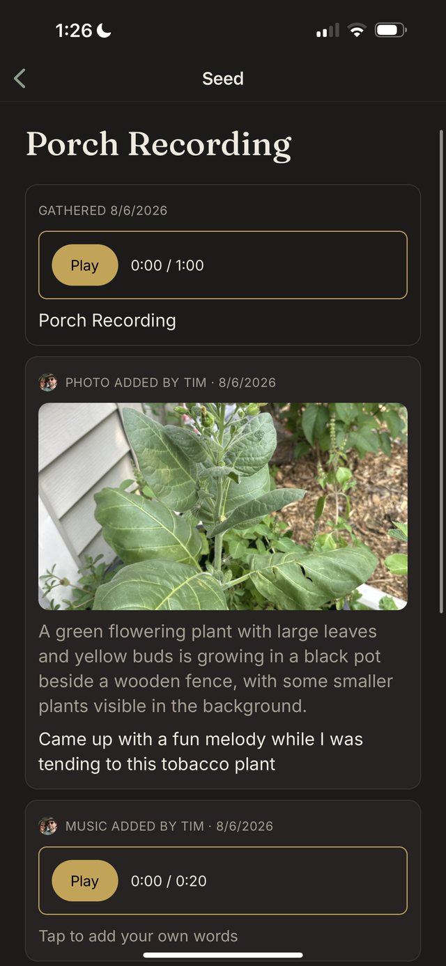One seed with several things added to it over time, each showing who added it and when.